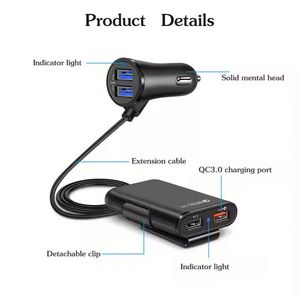 35W 4 Port USB Car Charger 8A QC3.0 1.8m Extension Cable for Front Seat and Backseat Fast Charging Car Phone Charger - Product Image 2