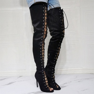Bottes longues sexy à lacets pour femme, talon haut, bout ouvert, grande taille, idéales pour l'été et les jambes larges - Product Image 3
