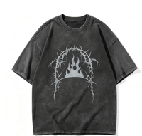 T-shirt homme 100% coton épais, personnalisé avec impression numérique Kornit, style gothique, motif épines et flammes, effet vieilli, délavé à l'acide et pulvérisé, vintage