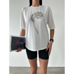 T-shirt pour femme avec détail floral en pierre, 100% coton jersey respirant, manches régulières - Product Image 5