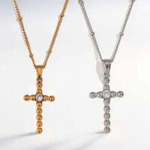 Dainty Zirkoon Christelijke Religie Kruis Kralen Hanger Ketting 18K Verguld Roestvrij Staal Sieraden Kerstcadeau Voor Vrouwen