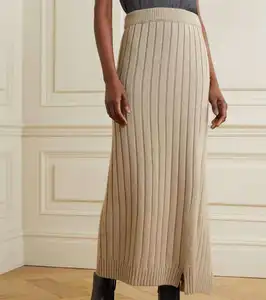 2024 Manufacturer Custom Fashion Flexible Casual Asymmetric Ribbed Knit Wool Cashmere Midi Skirt For Women