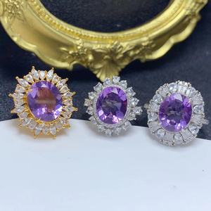 새로운 디자인 925 스털링 실버 18K 골드 도금 타원형 컷 천연 자수정 큰 돌 크리스탈 반지 - Product Image 1