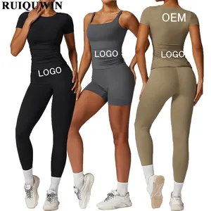 RUIQUWIN Factory Customized Seamless Vest High Waist Hip Lifting Short Leggings Workout Clothing Women Yoga Set Sports