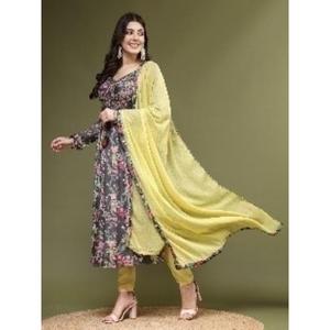 <b>Women</b> Solid Embroidery Mirror Work Anarkali <b>Kurta</b> Pant Chiffon Dupatta Set Poly Crape Summer Ethnic Wear Bulk OEM - Product Image 1