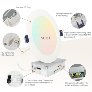 6인치 <span class=keywords><strong>LED</strong></span> 슬림 캔리스 다운라이트 6인치 웨이퍼 다운라이트 5CCT ETL FCC 디밍 가능 슬림 패널 12W 1000lm (접속함 포함) - Product Image 4