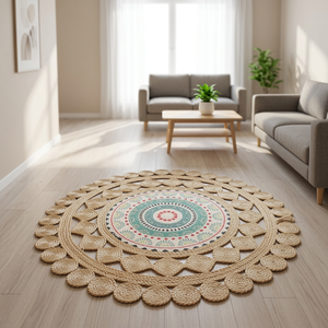 Alfombra Redonda de Yute con Medallón Bohemio, Hecha a Mano, Antideslizante, de Pelo Corto, para Sala de Estar, Decoración del Hogar - Product Image 3