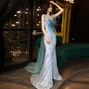 S3631Y <strong>SilverBlue</strong> Mermaid Evening Gown 3D Butterfly Tulle Neck Full Sequin Sparkly Formal Prom Dress With Detachable Tulle Train - Product Image 3