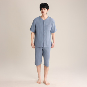 Hot Selling <strong>Men's</strong> Solid Color Cotton Two Piece <strong>Set</strong> With Shirt and <strong>Shorts</strong> Customize <strong>Pyjamas</strong> - Product Image 2