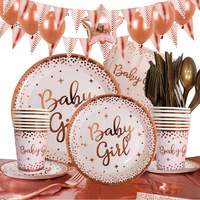 Roze gouden folie baby meisje servies set papieren borden bekers banner ballonnen verjaardag babyshower feestdecoratie