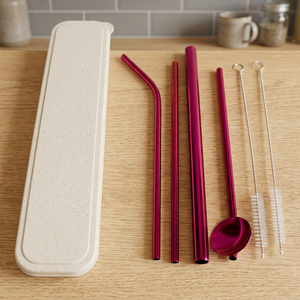 Reusable Metal <b>Drinking</b> <b>Straws</b> Set with Spoon and Cleaner 5 Pack Pink Modern Cocktail Bar Accessories - Product Image 2
