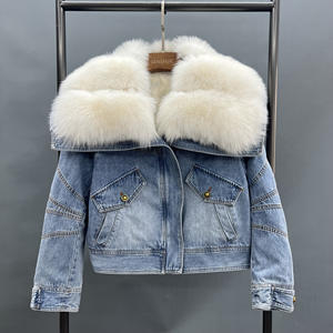 エレガントなビッグリアルフォックス毛皮襟ダウンコートフェザーライニングパーカデニム毛皮ジャケット - Product Image 5