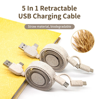 Kabel Pengisi Daya 4 in 1 Retractable dari Jerami Gandum dengan Transfer Data untuk Ponsel Tablet Micro USB untuk Hadiah Promosi