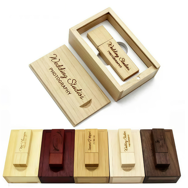 Custom Logo Photography Wooden Box USB 2.0 Flash Drive Memory Stick Pendrive 64GB 16GB 32GB 8GB 4GB 2GB 1GB 512MB Wedding Gifts