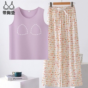 Women Sleepwear Vest And Trousers Set Cotton Silk With Chest Pads Casual Loose Fit For Middle Aged XL 2XL 3XL 4XL - Product Image 3