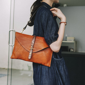 Italian Handcrafted Vintage Style Top Grain Cowhide Leather Studded Clutch Flap Style Medium Envelope <b>Bag</b> Brown 7 Inch - Product Image 2