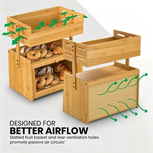 Boîte à pain en bambou Jin Guang à double couche, panier de rangement pour aliments et fruits, support à collations pour comptoir de cuisine, couleur bois naturel - Product Image 3