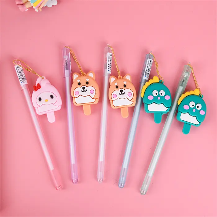 Harga pabrik Tiongkok penjualan langsung produk alat tulis kantor sekolah pena berbentuk es krim Kawaii set 0.7mm dengan liontin hewan