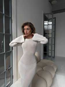 WD16 Gebreide katoenen sexy clubjurk met empiretaille, split, effen maxi-avondjurk, open rug, bohemian zeemeerminsilhouet - Product Image 3