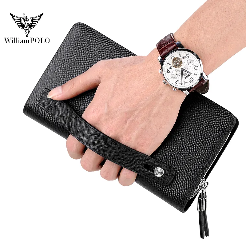 WILLIAMPOLO marka erkek el çantası moda deri uzun çanta cüzdan siyah mavi erkek rahat kullanışlı çanta çift fermuarlı iş RFID