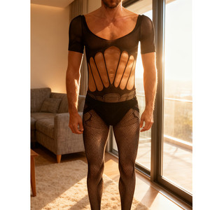 Collants résille noirs transparents pour hommes, body taille mi-haute en nylon et élasthanne, lingerie sexy - Product Image 4