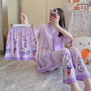 Vente en gros <span class=keywords><strong>Tik</strong></span> Tok Live Stream Hot Summer Milk Silk Short Sleeve Cartoon Mic Three-piece Homewear - Product Image 1