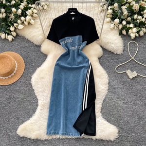 Abito Estivo Elegante a Linea A con Scollo Tondo per <span class=keywords><strong>Donne</strong></span>, Vestito in Denim Patchwork - Product Image 2