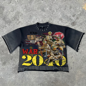 Kaos T-<span class=keywords><strong>Shirt</strong></span> Pendek Berbahan Katun Organik 100% French Terry 300 Gsm, Dicuci dengan Enzim Asam, Model <span class=keywords><strong>Vintage</strong></span>, dengan Rhinestone DTG - Product Image 2