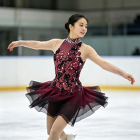 Robe de patinage artistique rouge bordeaux en dentelle noire à col montant et dos ouvert, avec strass et dégradé, pour spectacle de danse sur glace