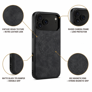 Custodia Magnetica per <span class=keywords><strong>iPhone</strong></span> 17 e 18, in Pelle PU Vintage Nera Opaca con Cornice in TPU e Retro in PC, Ricarica Wireless, Magnete N52 - Product Image 4
