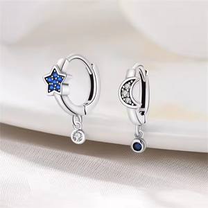 Pendientes de Plata de Ley 925 con Circonita Azul, Diseño de Estrella, Luna y Mariposa, Forma Irregular, Certificados por GDTC, Románticos y Elegantes para Mujer - Product Image 6