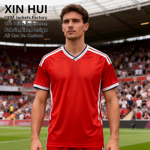เสื้อฟุตบอลสีแดงฤดูหนาวแบบมีโลโก้สั่งทำพิเศษ คอวี ผู้ชาย ผ้าฝ้าย 100% เสื้อยืดสำหรับฝึกซ้อมกีฬาแบบทีม ชุดยูนิฟอร์ม ซับในผ้าฝ้าย โพลีเอสเตอร์ - Product Image 2