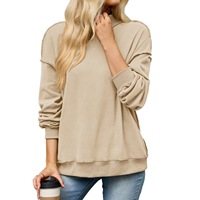 Sweat-shirt à col montant uni pour femme, collection automne 2026, avec ourlet brut sur les épaules, coupe ample, manches longues, idéal pour un usage quotidien décontracté