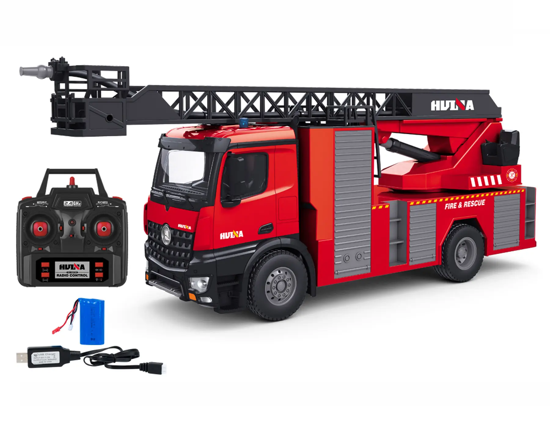1/14 Huina 1561 Remote Control Sprinkler Fire Truck 22CH 2.4GHz RC Engineering Fire Truck toy with Fire Ladder and Light