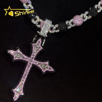 Collier pendentif en argent 925 avec charme, bijoux de rappeur personnalisés, collier de prière en moissanite rose et noir, ensemble de pendentif croix