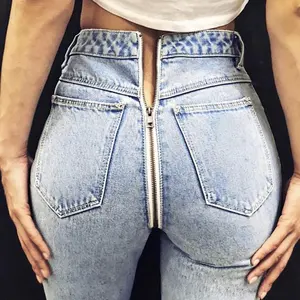 Woman hot washed sexs jeans for women 2022 denim back zipper open crotch jeans