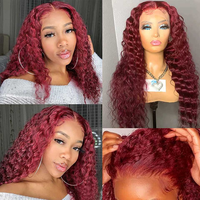 Perruque en cheveux humains ondulés profonds 99J 13x4 Lace Front pour femmes noires, couleur bordeaux, pré-plumée, vente en gros