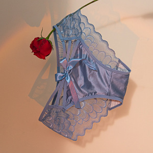 Braguitas de encaje azules para mujer al por mayor, con tiras cruzadas, de malla transparente, sexys, suaves, transpirables, de talle medio, con lazo. - Product Image 4
