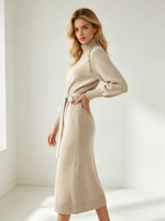 Robe pull midi pour femme, style français, col haut, manches longues, ceinture, détails boutonnés, nouvelle collection, service personnalisé premium, automne.