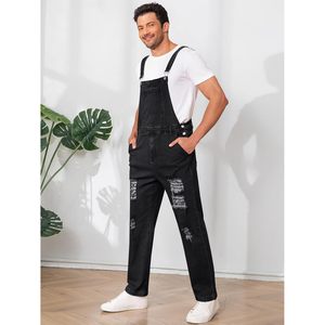 2025 hommes coupe ajustée Denim bavoir ensemble réglable sangle Hip Hop Style combinaison Hipster en détresse déchiré Jean imprimé motif - Product Image 1