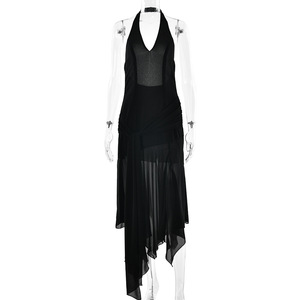 Halter Neck Chiffon Long Dress Deep V Asymmetric Translucent Evening Gown Sleeveless Natural Waistline - Product Image 5