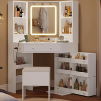 Coiffeuse d'angle avec miroir LED, étagères rotatives, station de charge et tabouret de rangement intégré