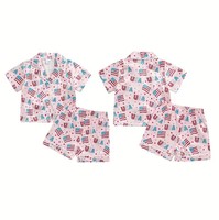 Ensemble pyjama rose avec drapeau américain pour enfants, filles et garçons, imprimé étoiles/fleurs, chemise à manches courtes, short à taille élastique
