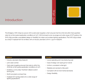 Puce LED SMD 2835 à faible consommation Bridgelux BXEN-27E-11L-37A-00-0-0, blanc chaud, dimmable, IRC 70-90, pour l'éclairage domestique et commercial - Product Image 2