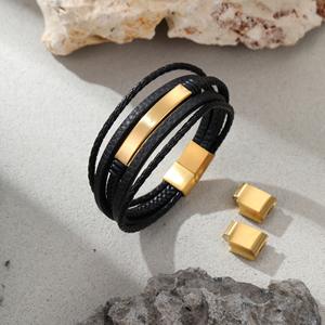 Bracelet en cuir pour homme, en acier inoxydable, inaltérable, bracelet en cordon de cuir en acier titane gravé DIY - Product Image 4