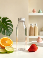 Bouteille carrée transparente en PET de 350 ml de qualité alimentaire avec couvercle à vis en aluminium vide pour l'emballage de jus, de lait et de thé