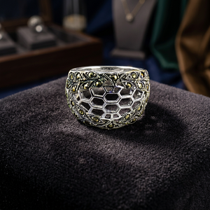 Hexagon Pattern 925 Silver Cocktail <b>Ring</b> With <b>Crystal</b> Rhinestone Pave Setting Vintage Style Unisex Everyday Wear - Product Image 1