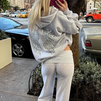 Ensemble décontracté pour femme avec logo personnalisé, sweat à capuche à sequins et pantalon long, couleur unie, vente en gros