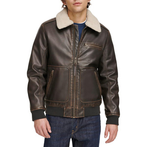 Blouson aviateur en cuir véritable pour homme avec doublure en sherpa, col rabattable, fermeture éclair, coupe-vent, vêtements d'hiver - Product Image 1