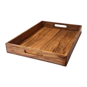 Factory Wholesale Wood Rectangular Dinner Snack Trays Wood Serving Tray with Handles
